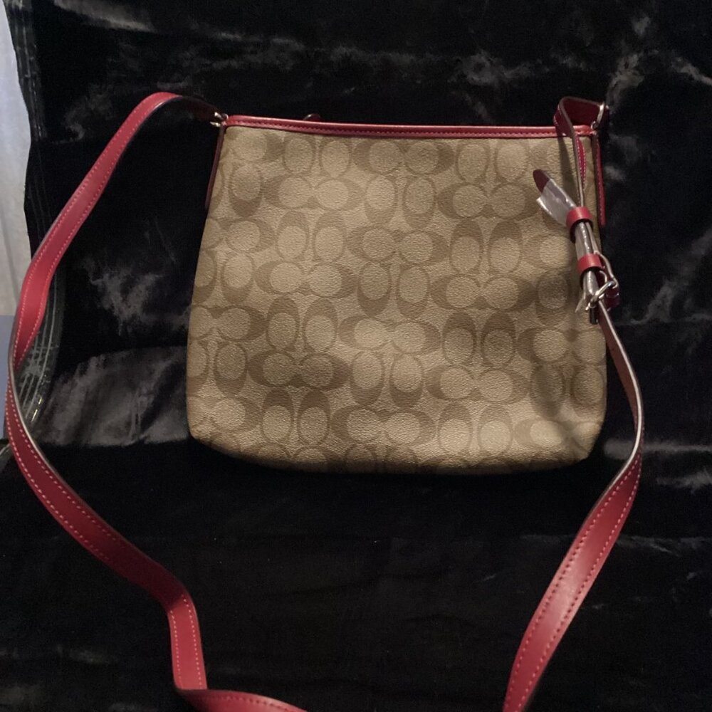 Coach Signature Canvas - Brown and Cranberry Canvas Print Logo Crossbody - Picture 4 of 4